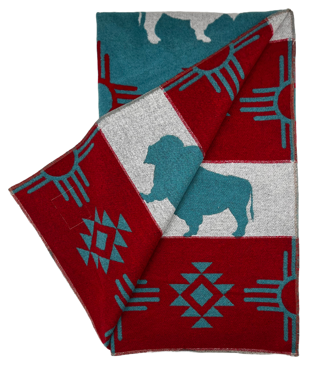 Buffalo Cross Blanket - White Buffalo Turquoise/ Red