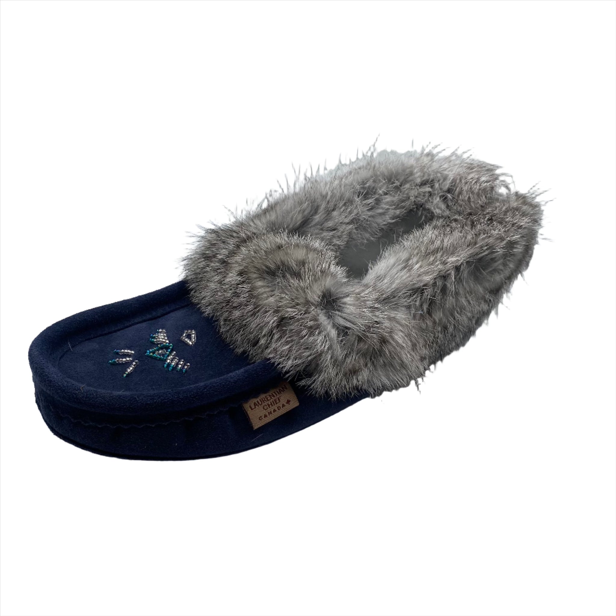 Laurentian Chief Women’s Suede Moccasin Slippers – Real Rabbit Fur Collar, Fleece Lined, Soft Sole, Hand-Beaded, Made In Canada, Sizes 4-10
