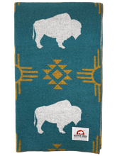 Load image into Gallery viewer, Buffalo Cross Blanket - White Buffalo Turquoise/ Yellow
