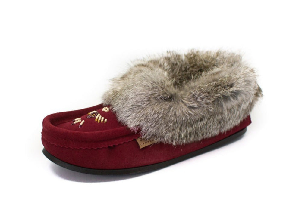Women's Laurentian Chief Rabbit Fur and Suede Moccasins with Rubber Sole